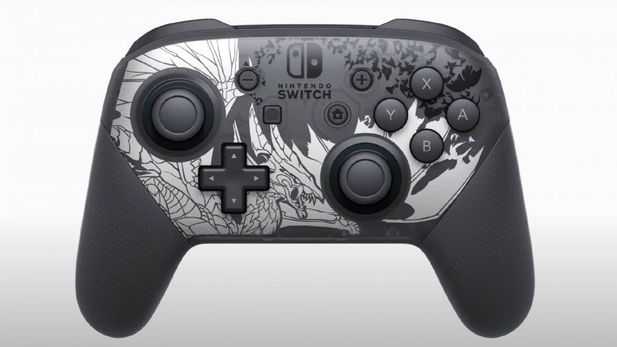 Monster hunter rise digital event: a nintendo Switch pro controller is shown, detailed with a illustration of Malzeno, the vampiric wyvern from Monster Hunter Rise Sunbreak. 