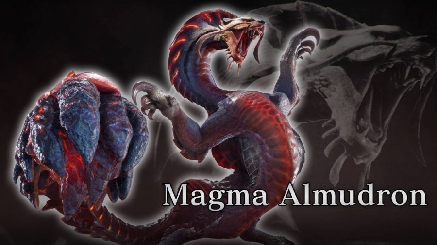 monster-hunter-rise-sunbreak-monsters: a large monster with whiskers glows red with magma 