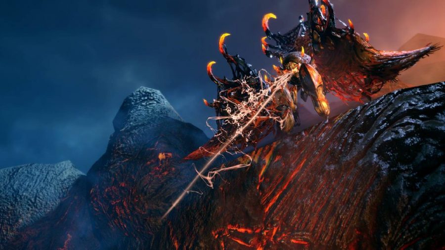 Monster Hunter Rise new monsters: On top of a volcano there is a gigantic spider spitting fire