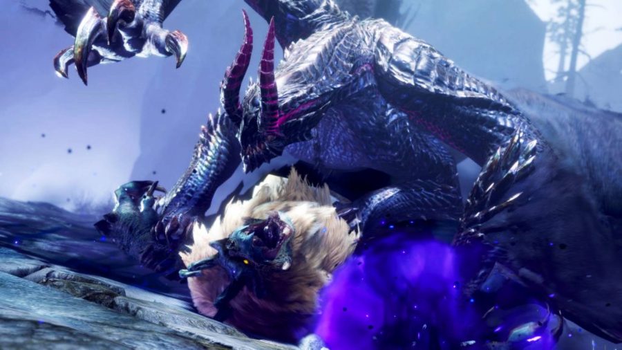 Monster Hunter Rise new monsters: a blind monster with six limbs called Gore Magala swoops down and attacks a Goss Harag