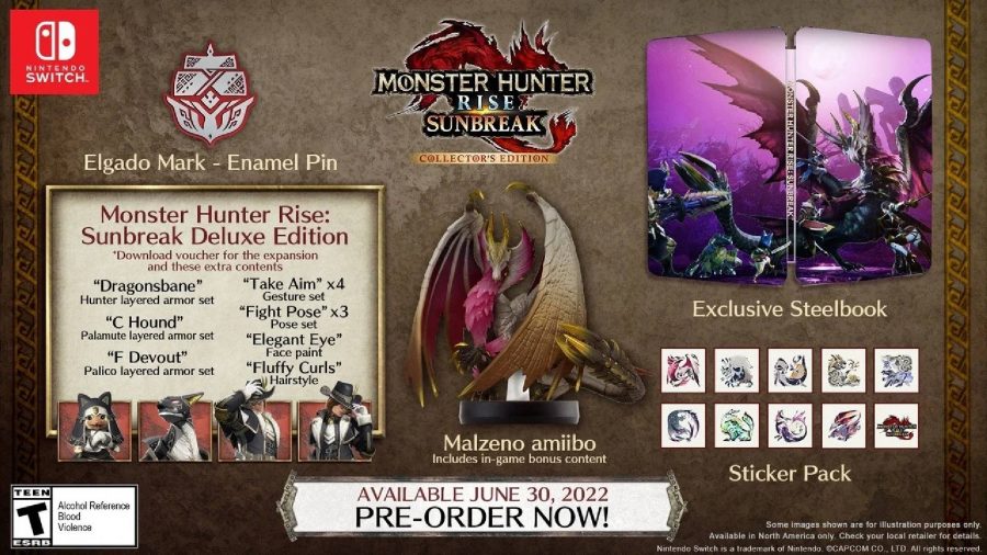 Monster Hunter rise sunbreak pre-order: an infographic shows everythign that coems with the Monster Hunter Rise Sunbreak collectors edition, including a steel bok and a Malzeno amiibo 