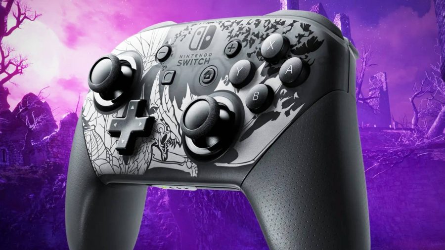 monster hunter rise sunbreak pre order: a dark purple background is visible, while the foreground shows a Nintendo Switch Pro Controller with a detailed pattern based on the vampire wyvern Malzeno