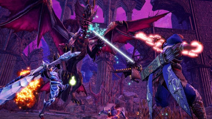Two Monster Hunter Rise Sunbreak weapons wielded by hunters in blue, as they take on a large red dragon monster.