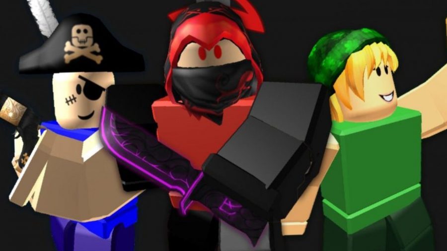 Three characters from Murder Mystery 2, one in green, one in red with a mask, and one in blue in a pirate hat with an eyepatch.
