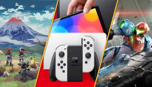 Nintendo 2021 earnings figures: a Nintendo Switch OLED model is shown next to key art from the games Pokemon: legends Arceus and Metroid Dread