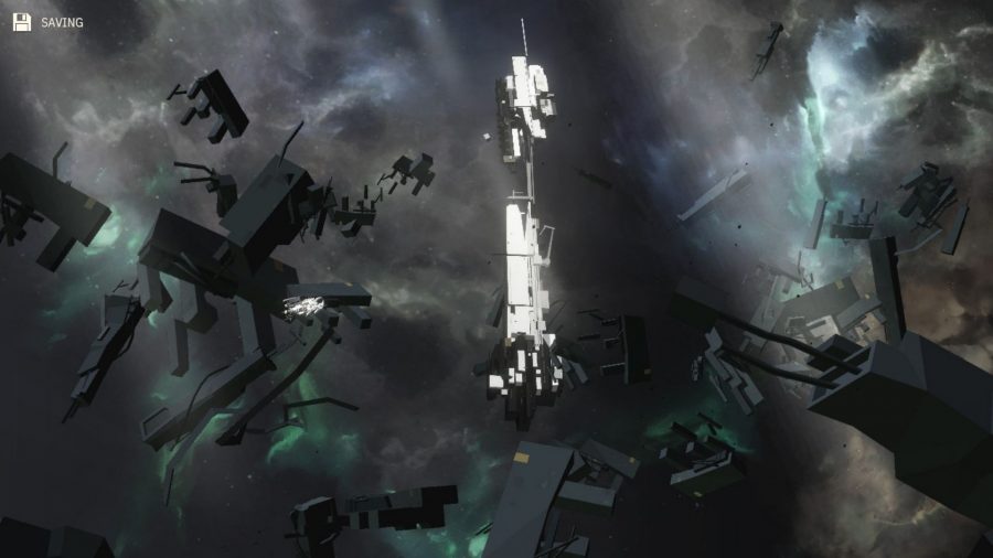 Opus: Echo of Starsong scene showing a large fragmented space station behind space debris.