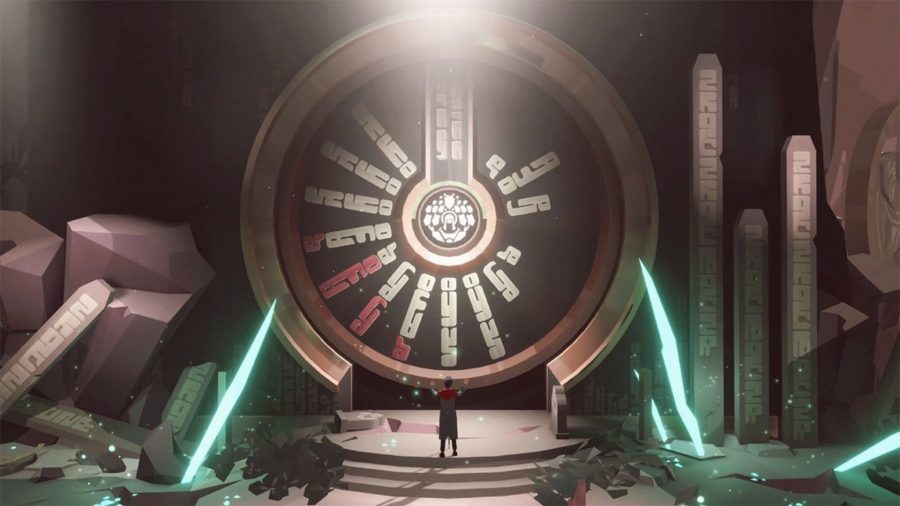 Jun stands before a giant, ornate gate in a scene from Opus Echo of Starsong.