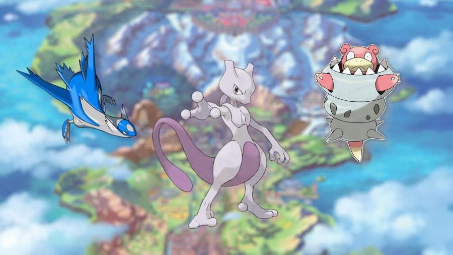 The psychic Pokémon Mewtwo, Latios, and Slowbro. Mewtwo is a roughly human-shaped alien, with a large tail and thick thighs. Their crotch and tail are all purple, the rest is grey. They have three knobbly fingers on each hand. Latios looks like an aeroplane with a bird's head, except slightly whale-like too. Slowbro is in their Mega form, which means they've jumped into their hermit crab shell, and their arms are poking out the sides and their head out the top. They are a bit like a pink platypus.