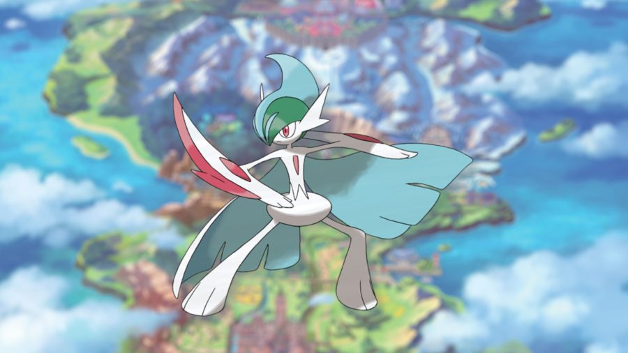 The psychic Pokémon Gallade, who is sort of human shaped, but covered in strange extensions to their arms and head. They are in a fighting pose.