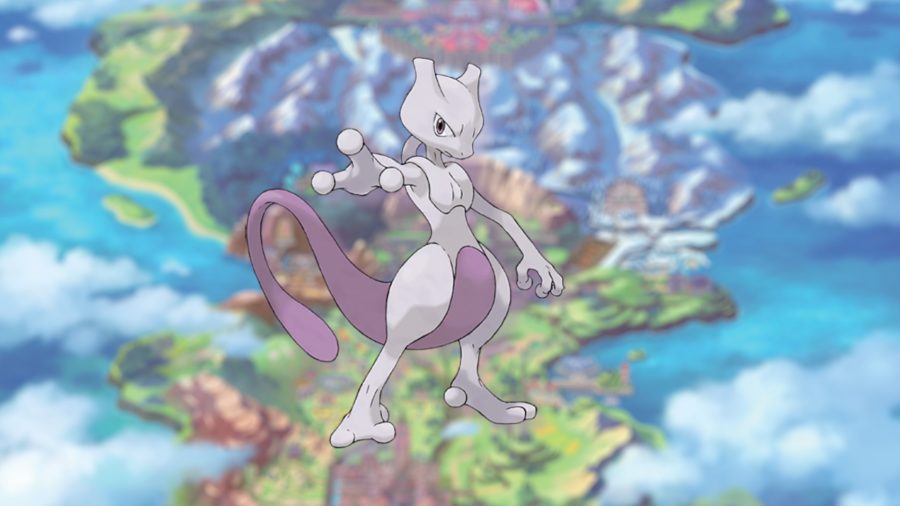The psychic Pokémon Mewtwo, a roughly human-shaped alien, with a large tail and thick thighs. Their crotch and tail are all purple, the rest is grey. They have three knobbly fingers on each hand.