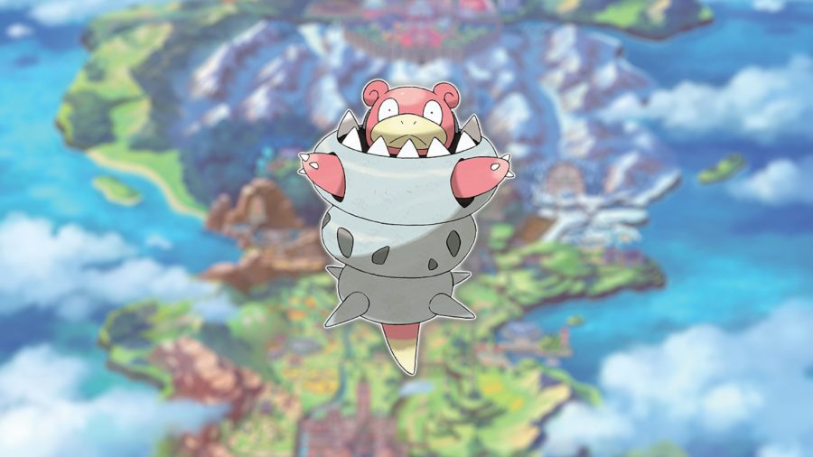 The psychic Pokémon Slowbro in their Mega form, which means they've jumped into their hermit crab shell, and their arms are poking out the sides and their head out the top. They are a bit like a pink platypus.