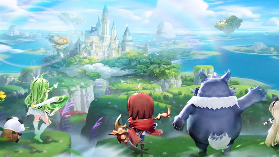 A handful of fantastically dressed characters and a large creature seen from behind, looking out over a verdant landscape with a castle in the distance, in art for Rainbow Story Global.