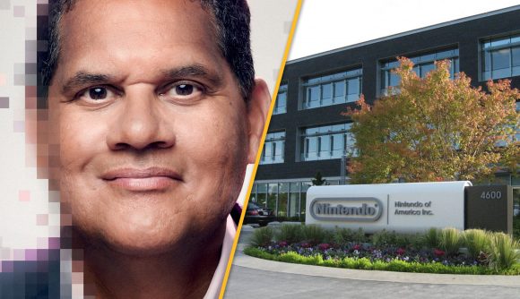 On the left, Reggie Fils-Aime's face, from the front cover of his book. On the right, the US HQ for Nintendo.