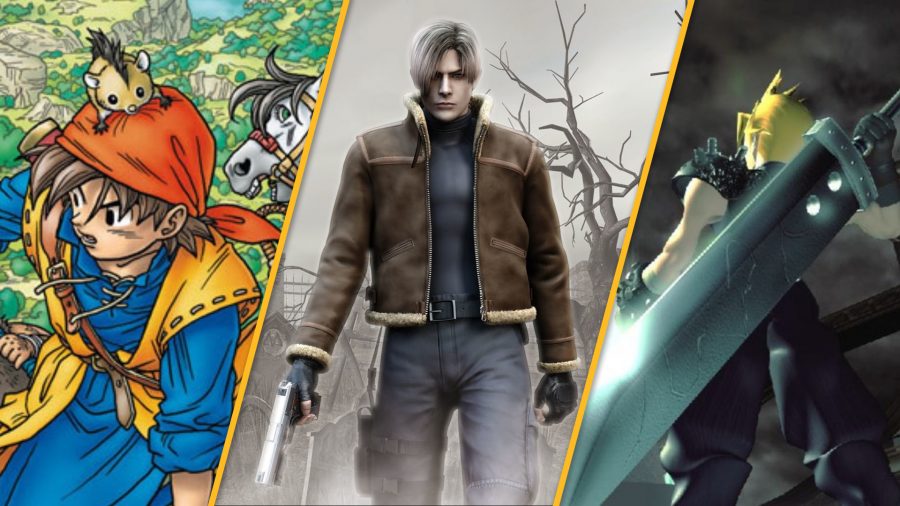 A custom header image with art from three retro games. On the left, the hero from Dragon Quest VIII in an orange bandanna. On the right, Cloud Strife with the buster sword on his back, looking into the night sky. In the middle, the dude from Resident Evil 4, holding a silver magnum, wearing a brown leather jacket, looking pretty cool. I think his name is Leo.