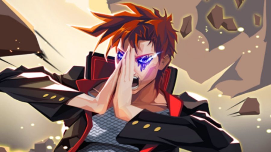 A Shindo Life character with their hands together like a prayer. They have spiky red hair, a stylish black jacket with red lining, and glowing blue eyes.