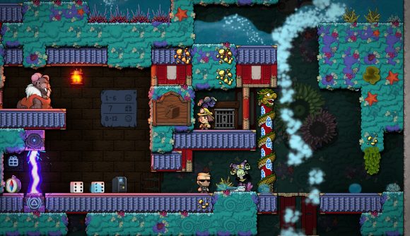 Spelunky 2 game trial: a female character in a archaeologists hat walks through a dungeon filled with traps