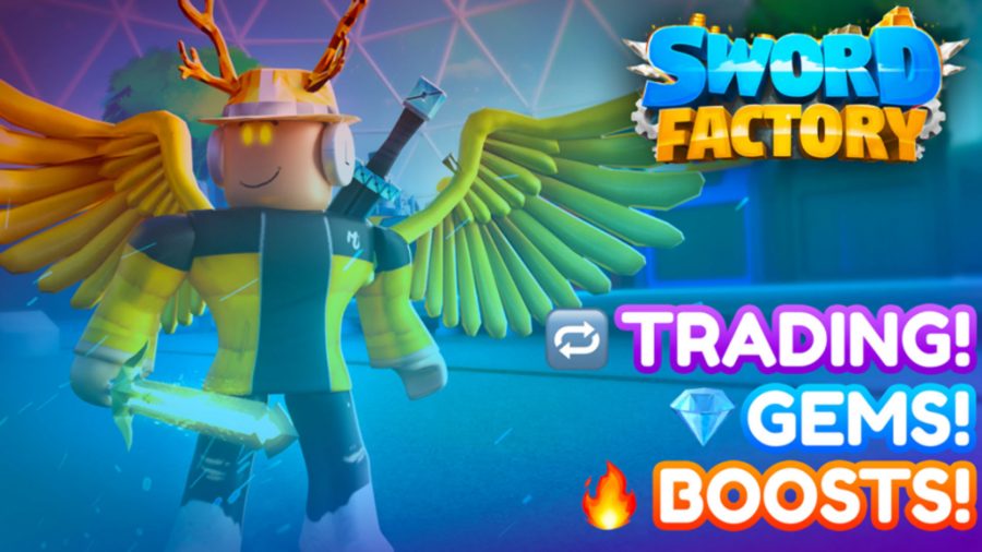 Sword Factory X codes;  a Roblox character with wings and a sword on his back.  The game logo is in the foreground.