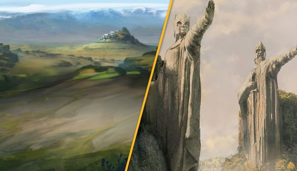 On the left, art from The Lord of the Rings: Heroes of Middle-earth, showing a landscape, painted, with snowy mountains in the distance and craggy meadows in the foreground. On the right, two giant white statues with their arms outstretched as if signalling to stop.
