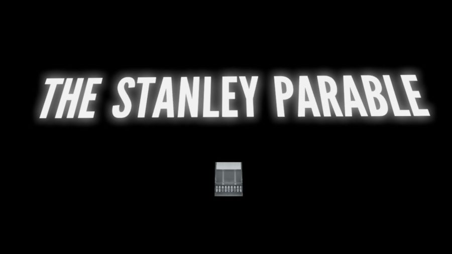 Backstage area with The Stanley Parable illuminated in the dark