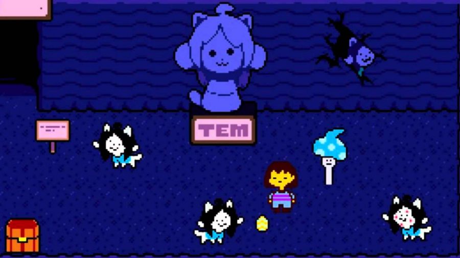 Temmie village from Undertale, featuring many Temmies