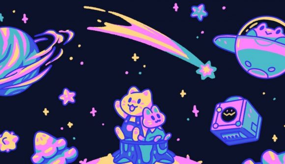 A couple of cute cat-like cartoon characters look up at cartoon stars and planets, all coloured in purple, pink, orange, and black, in art for the Wholesome Direct 2022.