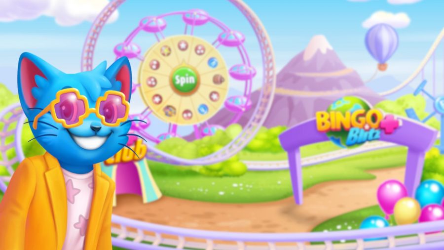 Bingo Blitz credits; Blitzy at an amusement park