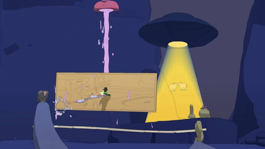 OlliOlli World: Void Riders DLC: a character rides a skateboard through a pastel coloured world while strange alien things happen in the background