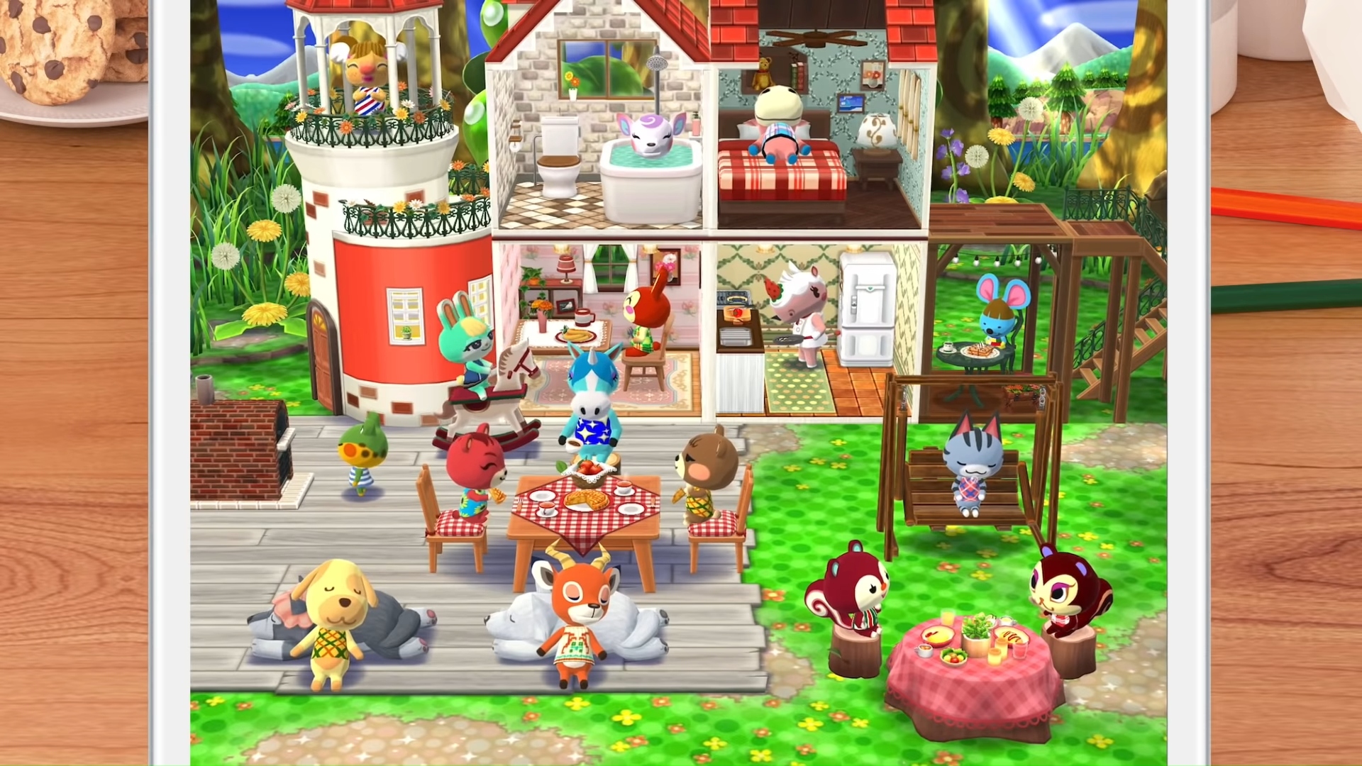 Addictive games - Animal Crossing: Pocket Camp. Image shows a camp filled with buildings and animal villagers.