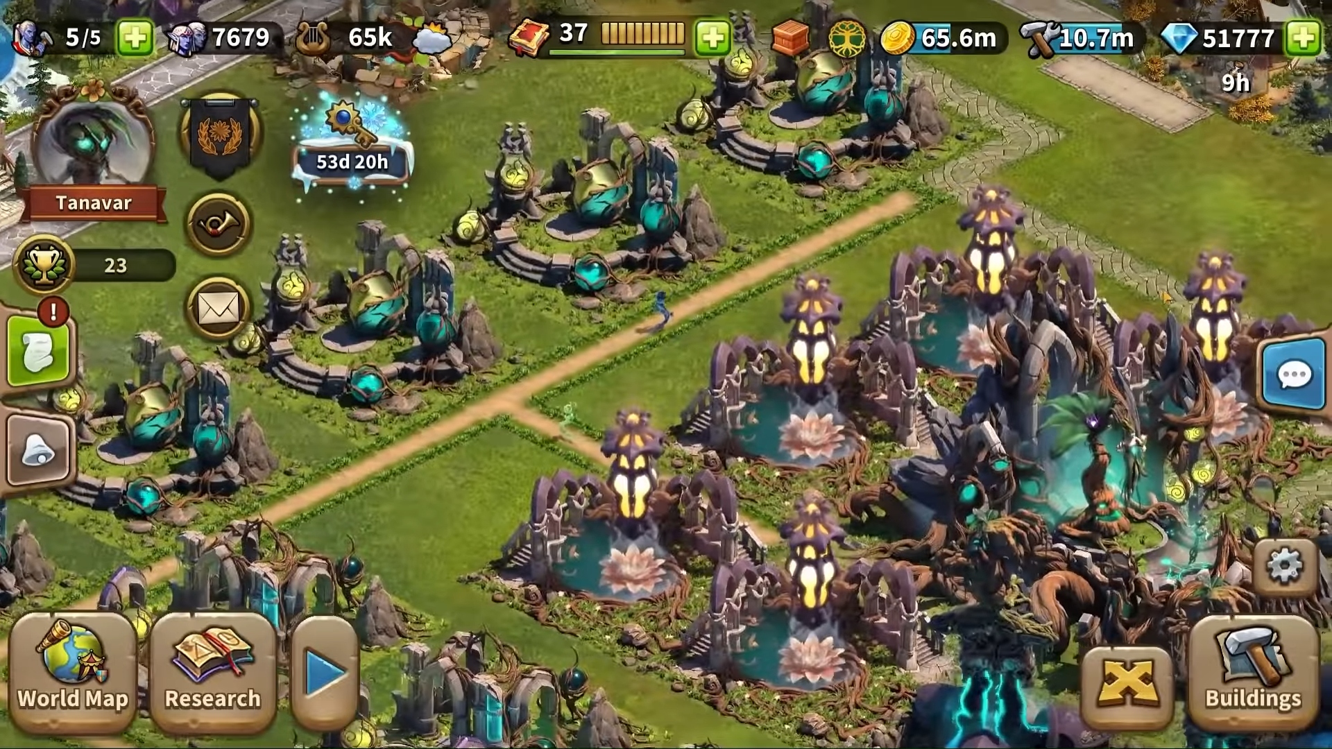 Addictive games - Elvenar. A screenshot shows an isometric view of a fantasy city.