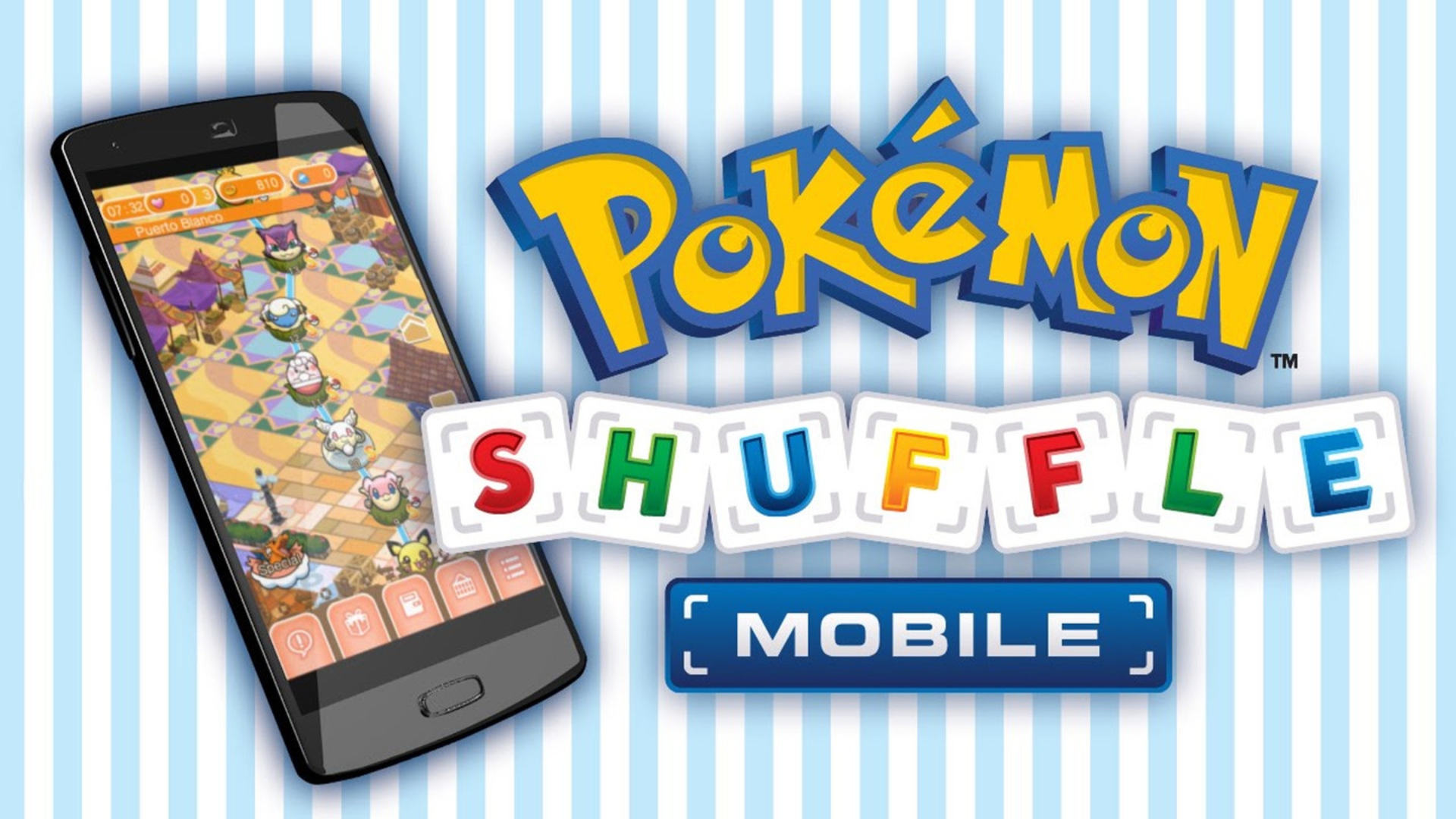 Addictive games - Pokémon Shuffle Mobile. Image shows the logo and official artwork of the game on a phone screen.