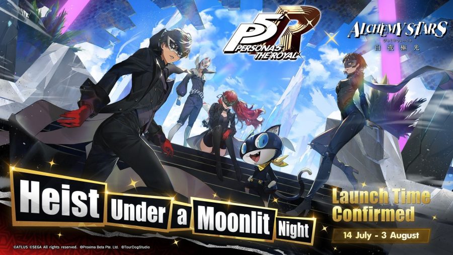 The Alchemy Stars and Persona 5 Royal logos next to each other for a crossover event, promising a heist under a mount night, with various characters in the background.