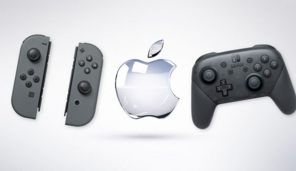 Custom header for Apple ios 16 Joy Con support article with apple logo and Nintendo hardware