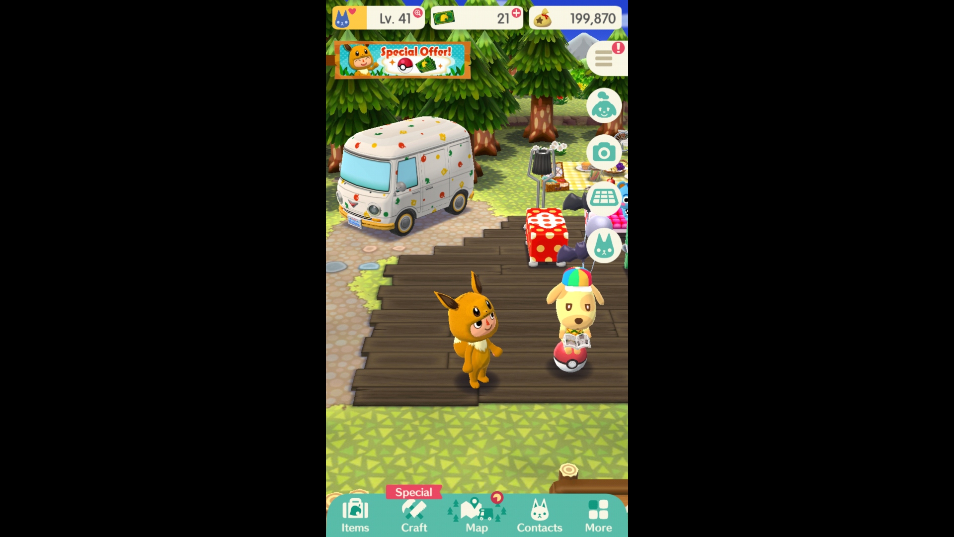 Best farm games - image shows an Animal Crossing villager standing in a campsite beside a dog village in Animal Crossing: Pocket Camp. They are dressed as the Pokemon Eevee.