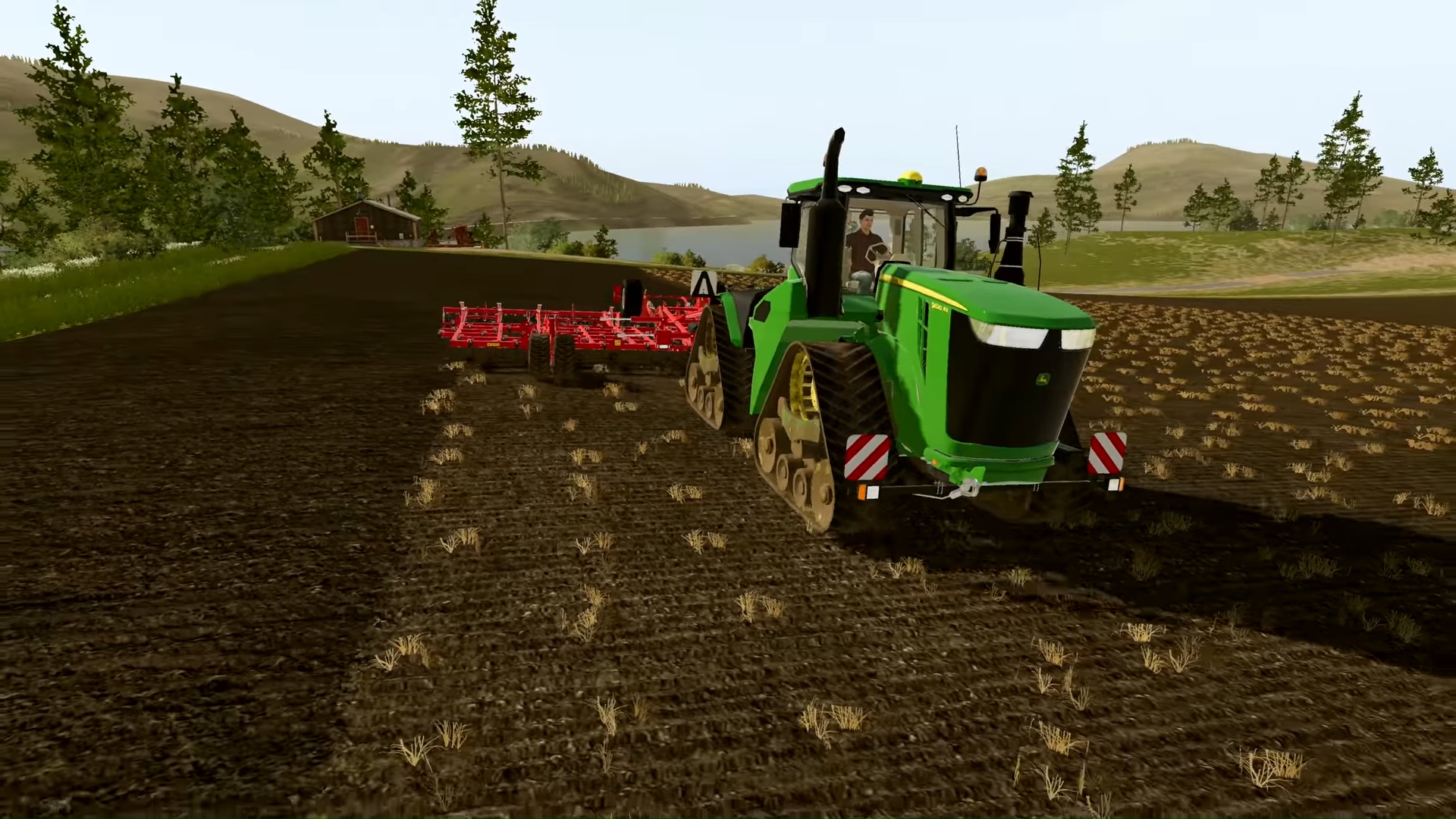 Najlepsze gry rolnicze - Farm Simulator 20. Zrzut ekranu przedstawia traktor jadący przez pola uprawne.