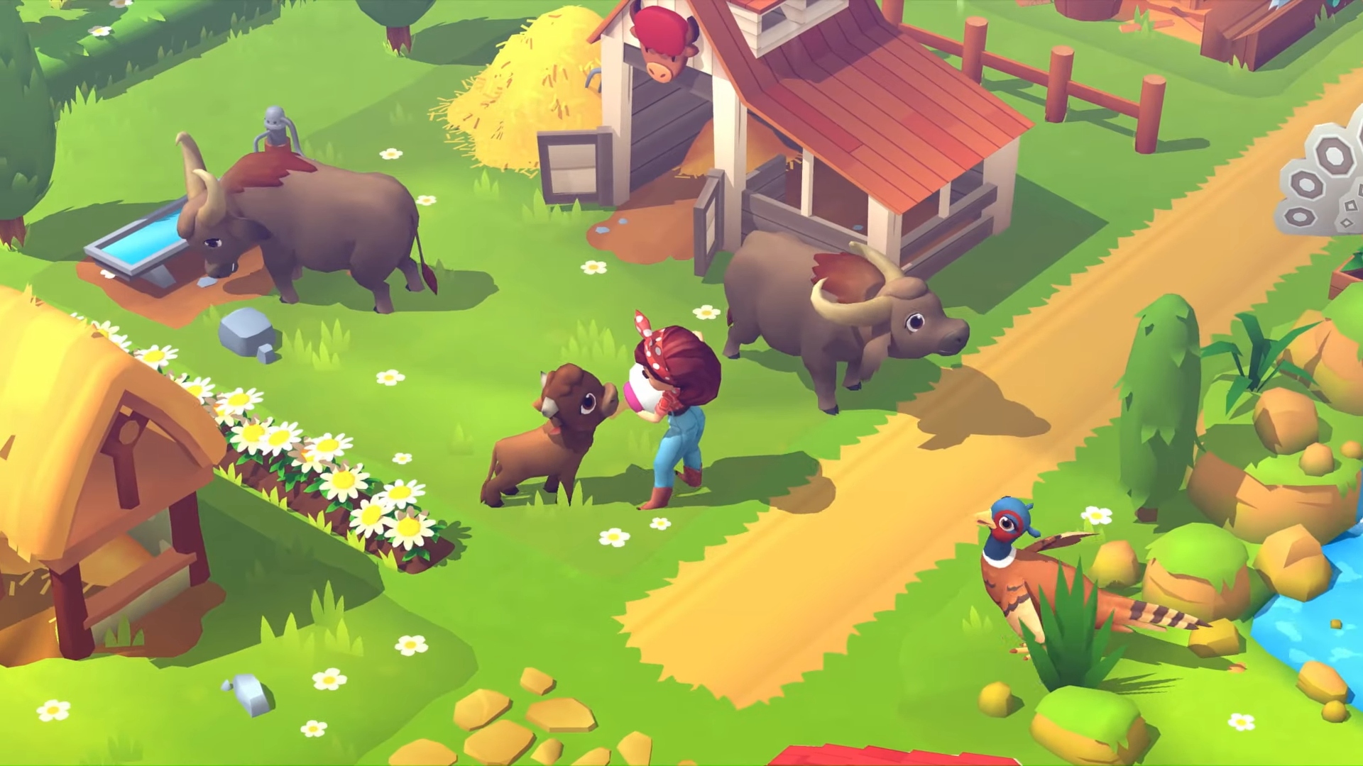 Najlepsze gry na farmie - FarmVille 3. Zrzut ekranu przedstawia postać karmiącą mlekiem krowim dziecko na farmie.