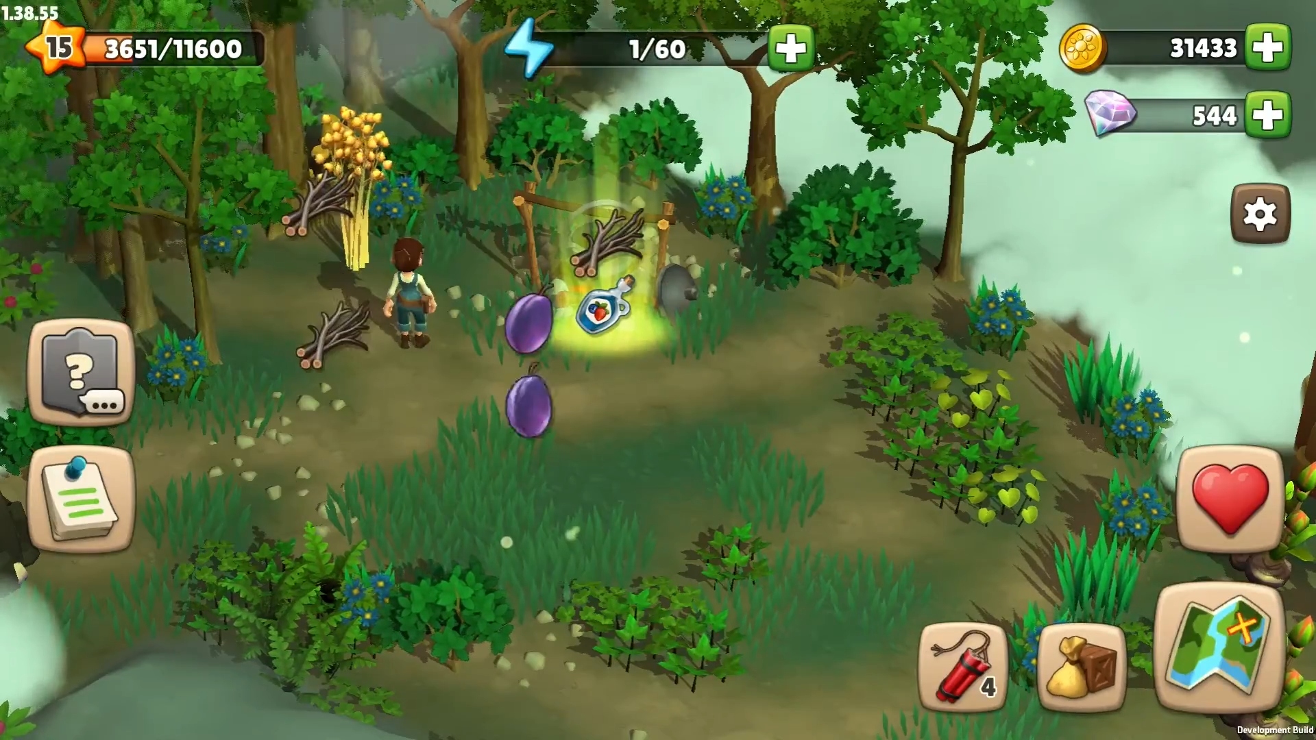 Najlepsze gry rolnicze - Sunrise Village.  Zrzut ekranu przedstawia postać rąbiącą drewno w zarośniętym obszarze.
