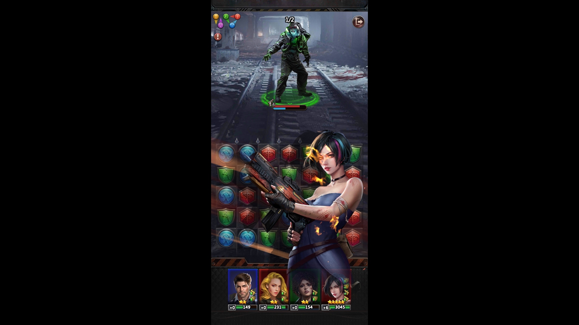 Best mobile games - Puzzles & Survivals. A screenshot shows a character doing a special attack on a zombie, with the tile-based grid is seen underneath her.