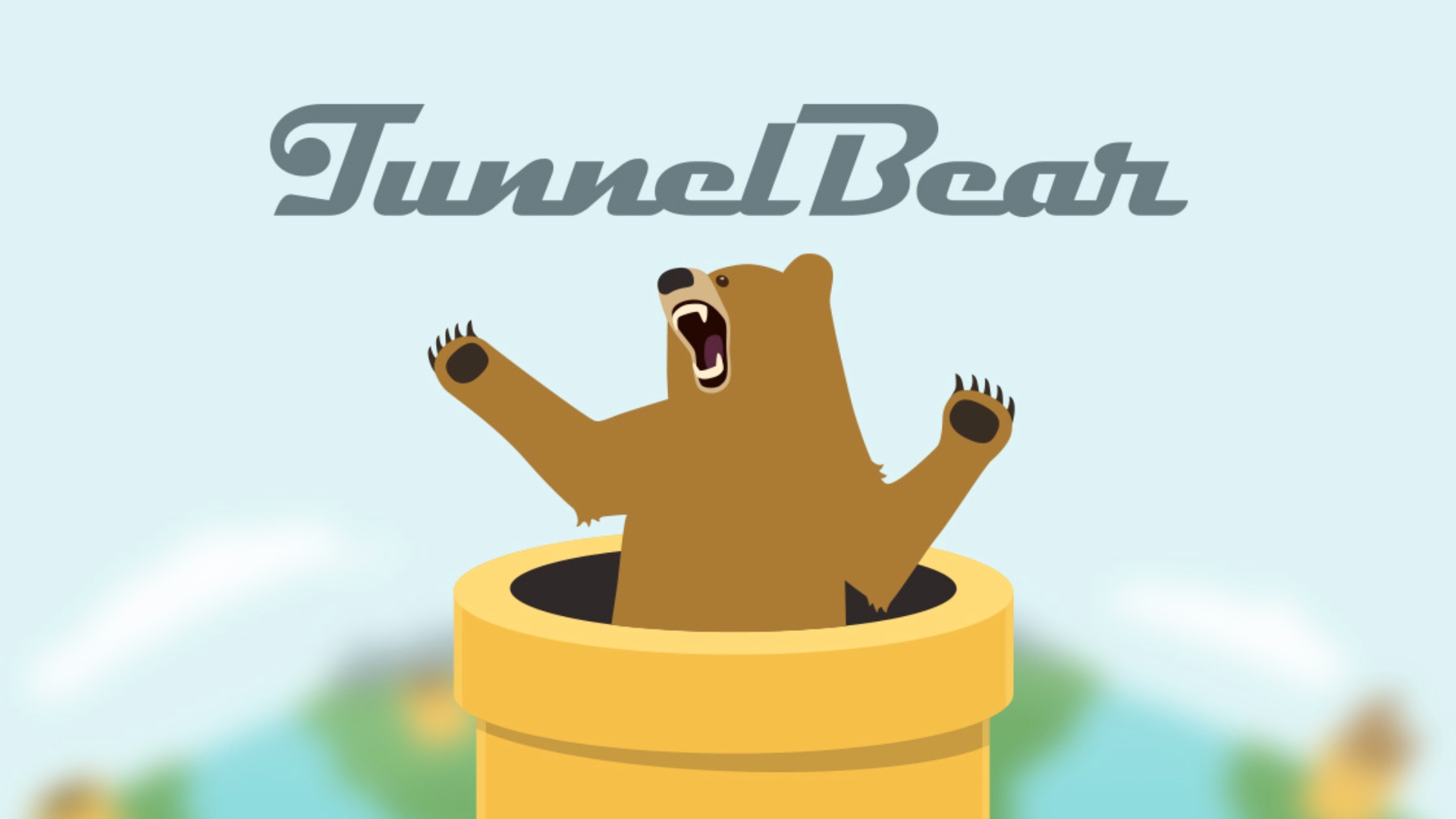 Best VPN for iPhone - TunnelBear. Image shows a bear emerging from a pipe beneath the logo of TunnelBear.