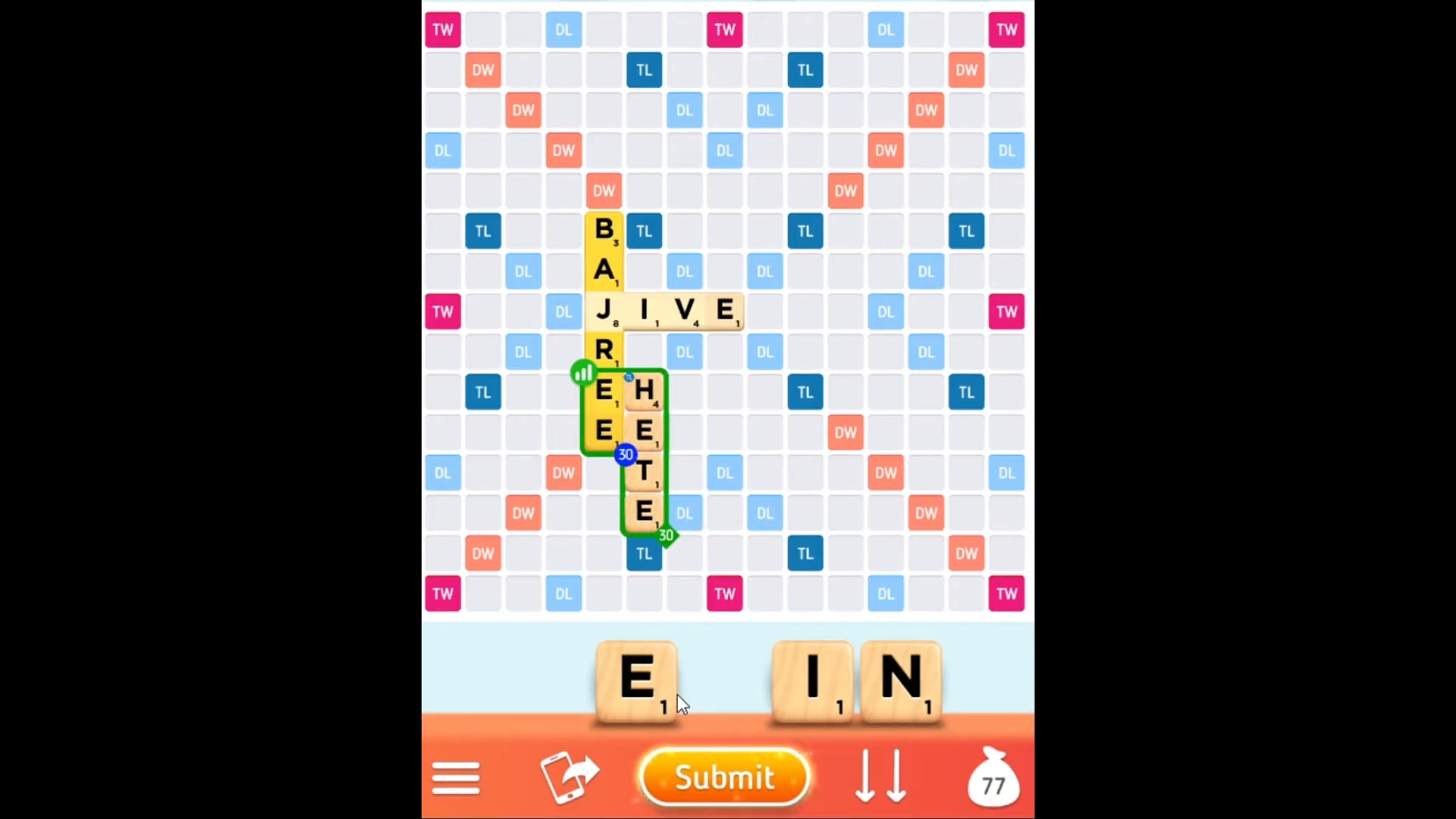 Best word games -Scrabble. A screenshot shows a scrabble board with several tiles places on it.