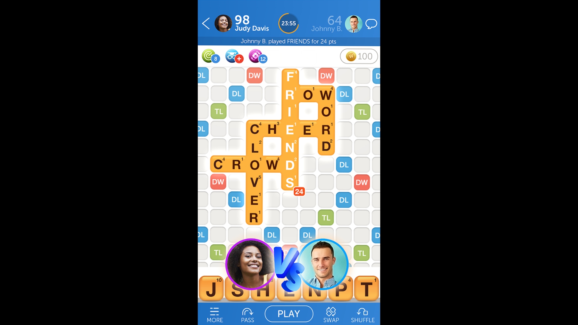 Best word games - Words with Friends. A screenshot shows a match between two people named Judy Davis and Johnny B.