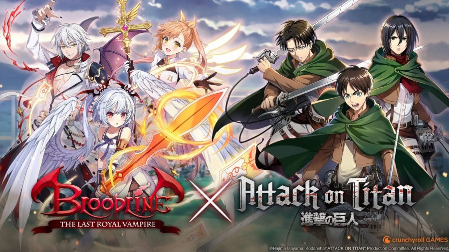 Key art with Bloodline: the last royal vampire and attack on titan characters posing with weapons