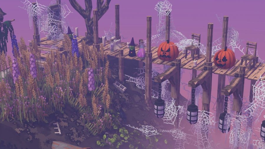 Cloud Gardens review: a diorama in a pixelated style shows an island filled with flowers and trash in the middle of a fog thats a gradient between two pleasing colours