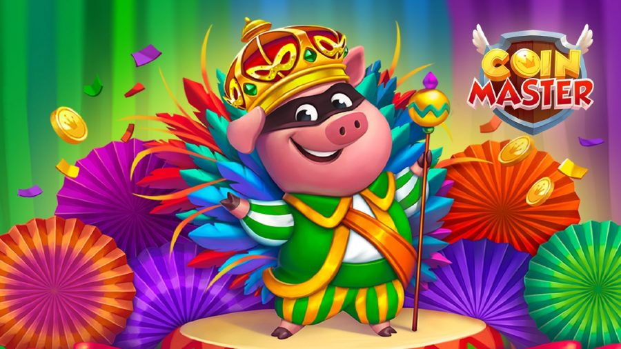 A pig celebrating surrounded by brightly coloured umbrellas
