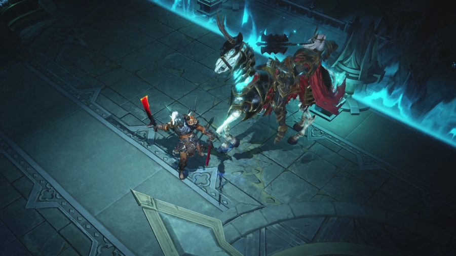 A battle screenshot of the Diablo Immortal barbarian taking down a spectral horse