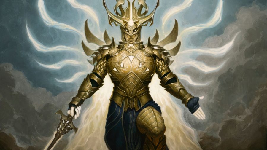A character from Diablo Immortal, wearing gaudy armour, with white shining strands behind him.