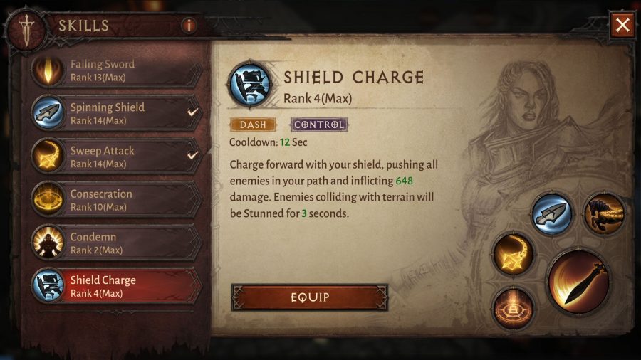 Diablo Immortal crusader skill menu options 