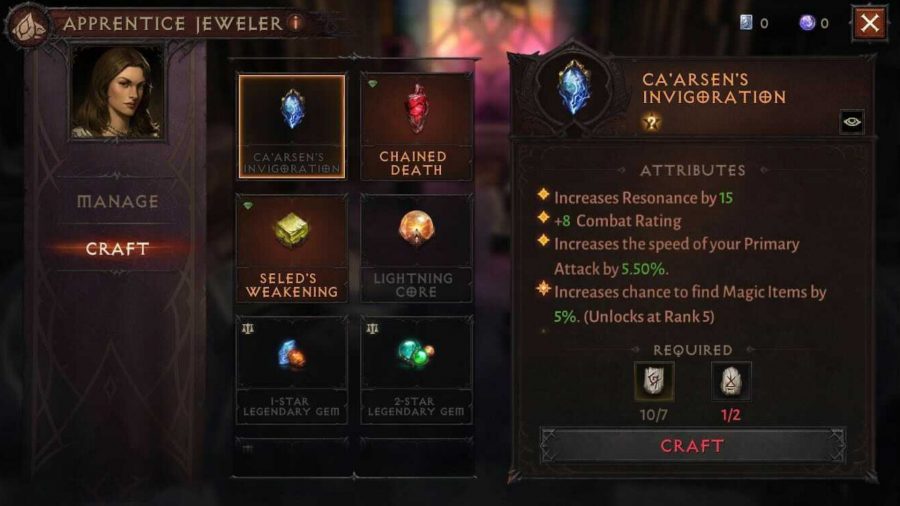 Diablo Immortal gems menu with the apprentice jeweller screenshot 