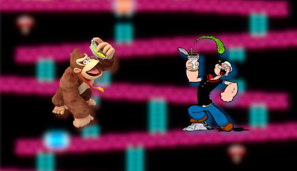 Donkey Kong, a Nintendo mascot who is a big monkey, eating a banana on the right. On the left, Popeye, who is a sailor from an old cartoon, eating spinach.