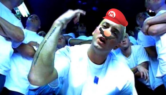 Eminem x Mario mash-up: The rapper Eminem is visible in a screenshot from a music video, but he is wearing Mario's cap and moustache