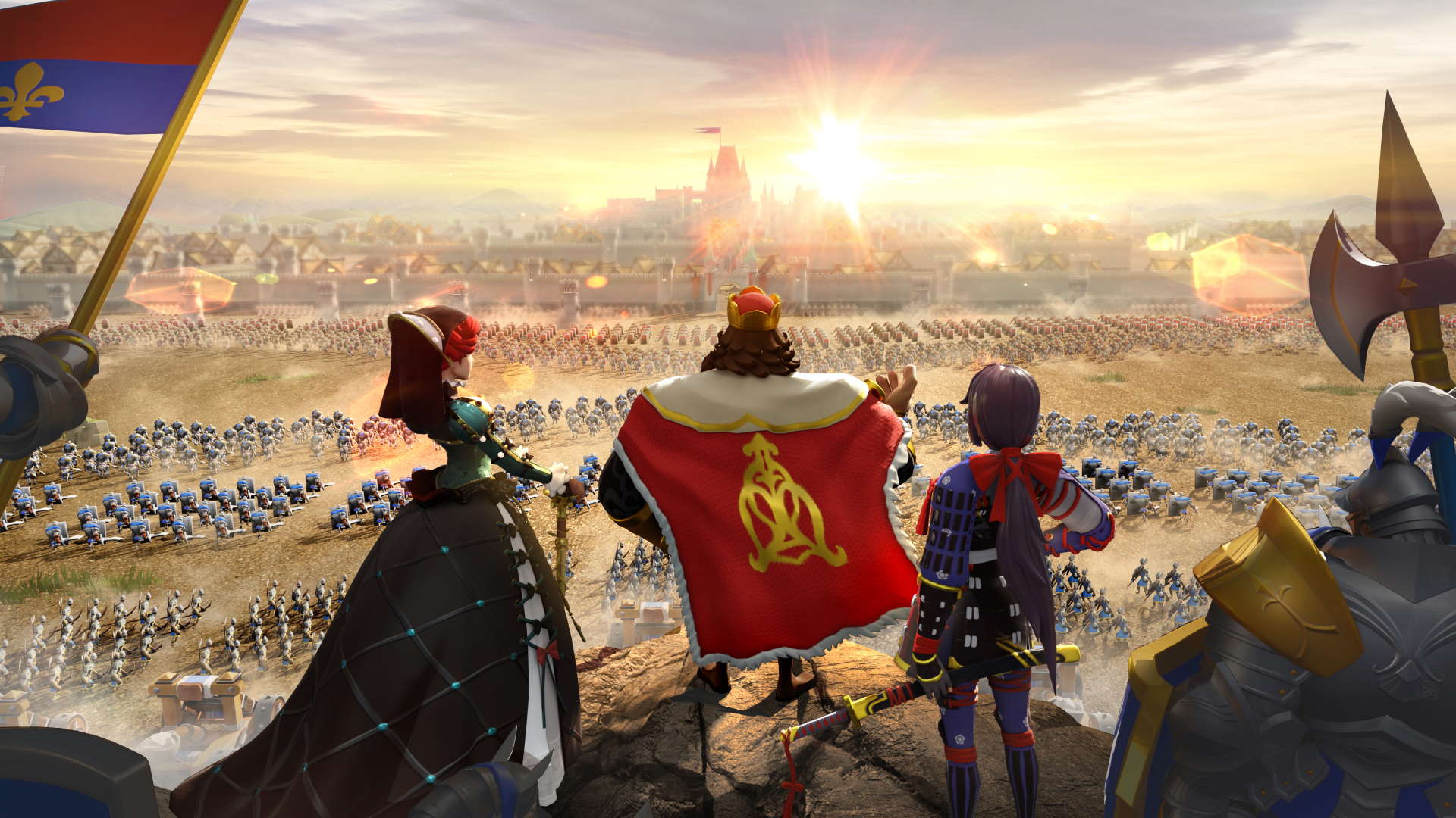 A king and his family look out across a battlefield in Era of Conquest